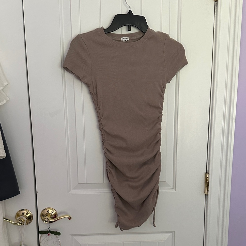 Ruched taupe garage dress